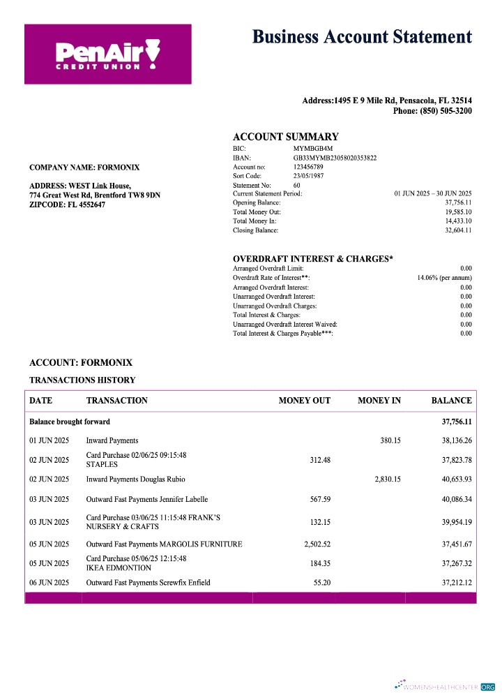 Download USA Florida PenAir Credit Union organization statement Word and PDF template Photoshop template